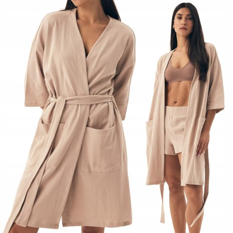 Elegancki Szlafrok Damski 100% BAWEŁNA Wiązany w Pasie Długi HENDERSON - M Elegancki Szlafrok Damski 100% BAWEŁNA Wiązany w Pasie Długi HENDERSON - M