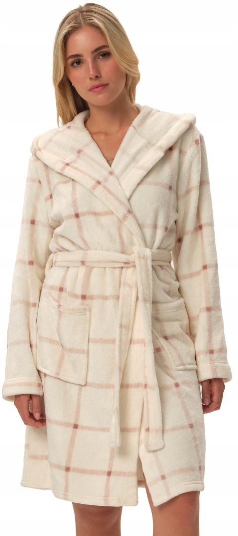Pluszowy szlafrok damski z kapturem WIĄZANY w PASIE HENDERSON FINA - S