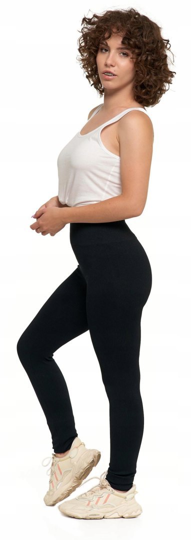 Legginsy PRĄŻKOWANE damskie z wysokim stanem modne GETRY czarne MORAJ S/M Legginsy PRĄŻKOWANE damskie z wysokim stanem modne GETRY czarne MORAJ S/M