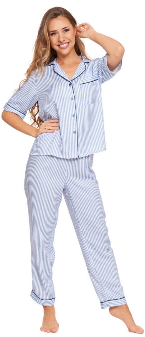 Piżama damska z krótkim rękawem w paski wiskozowa rozpinana MORAJ - L