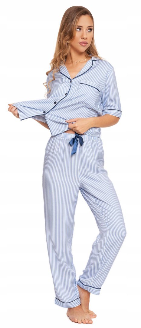 Piżama damska z krótkim rękawem w paski wiskozowa rozpinana MORAJ - S