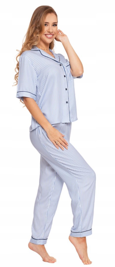 Piżama damska z krótkim rękawem w paski wiskozowa rozpinana MORAJ - S