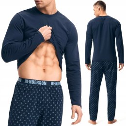 Piżama męska 100% BAWEŁNA Komplet z Długim Rękawem HENDERSON granatowy - XL