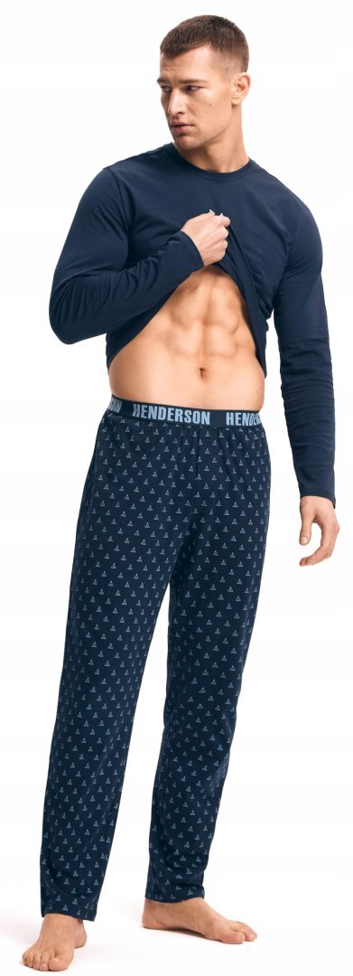 Piżama męska 100% BAWEŁNA Komplet z Długim Rękawem HENDERSON granatowy - XL