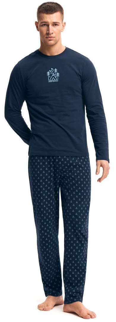 Piżama męska 100% BAWEŁNA Komplet z Długim Rękawem HENDERSON granatowy - XL