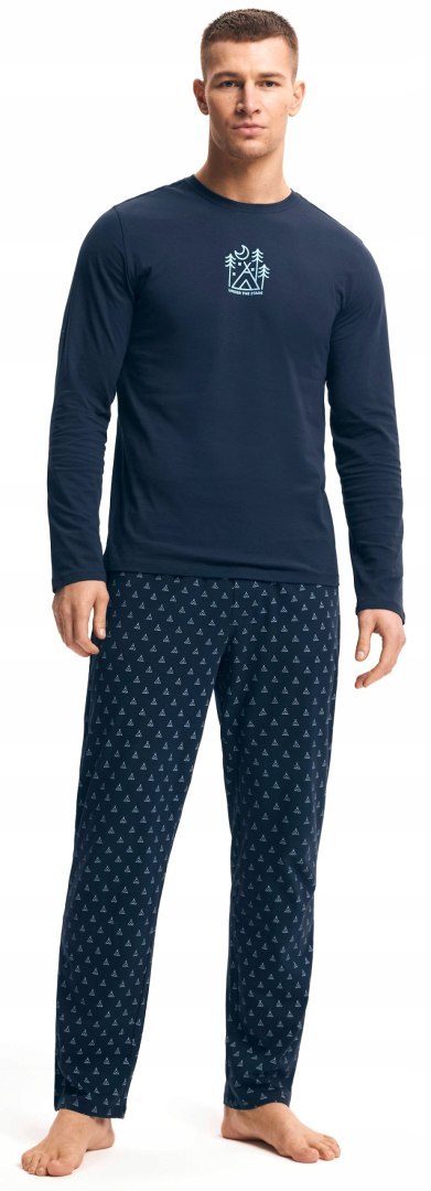 Piżama męska 100% BAWEŁNA Komplet z Długim Rękawem HENDERSON granatowy - M