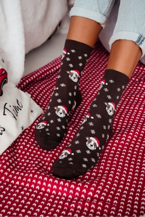 MILENA Skarpetki damskie świąteczne Buldogi i płatki śniegu 1283.039